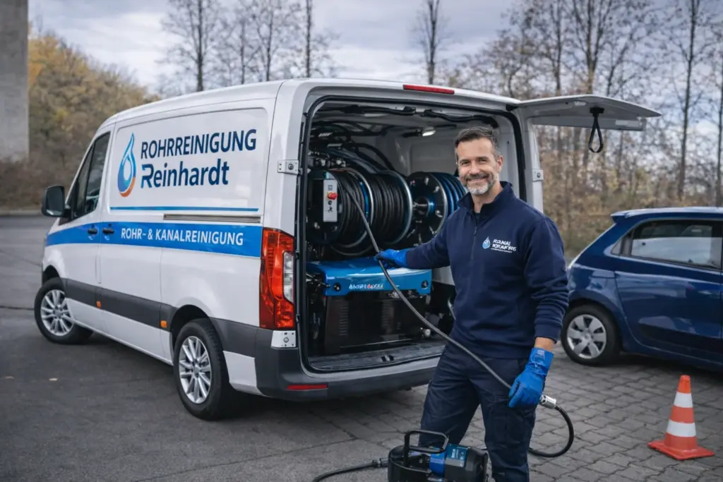 Techniker der Rohrreinigung Reinhardt Hanau arbeitet mit professioneller Ausrüstung an einer Rohrleitung