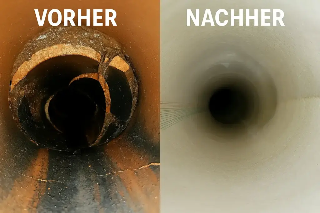 Vorher-Nachher Vergleich einer Kanalsanierung in Hanau an einer Abwasserleitung